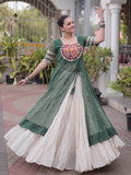 Pretty Green Bandhani Printed Georgette Navratri Wear Lehenga With Kurti
