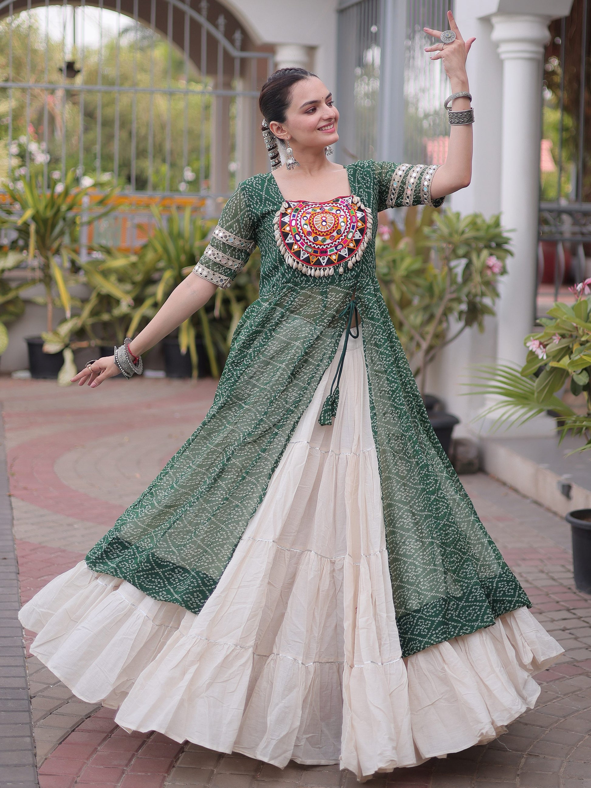 Pretty Green Bandhani Printed Georgette Navratri Wear Lehenga With Kurti