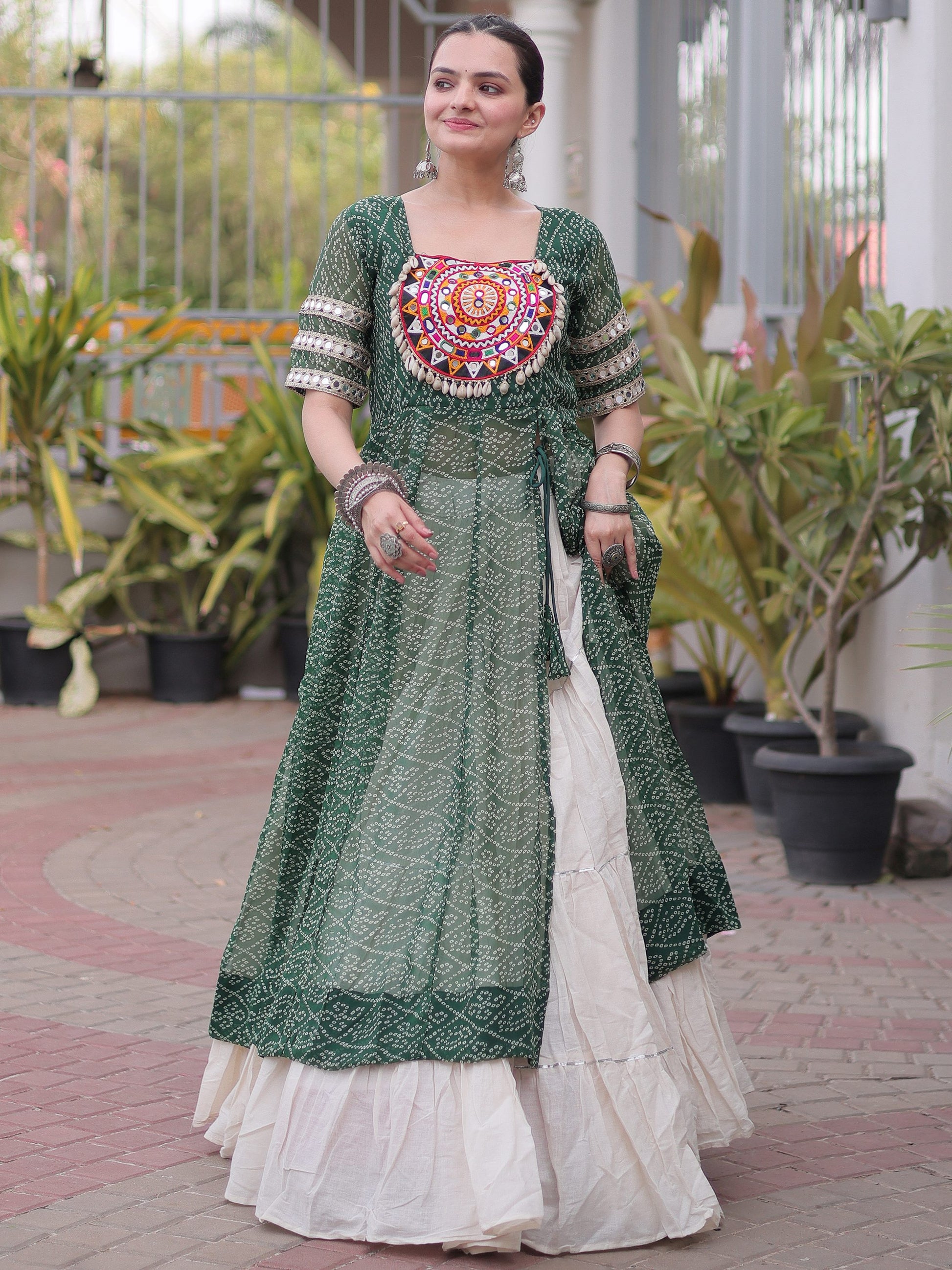 Pretty Green Bandhani Printed Georgette Navratri Wear Lehenga With Kurti