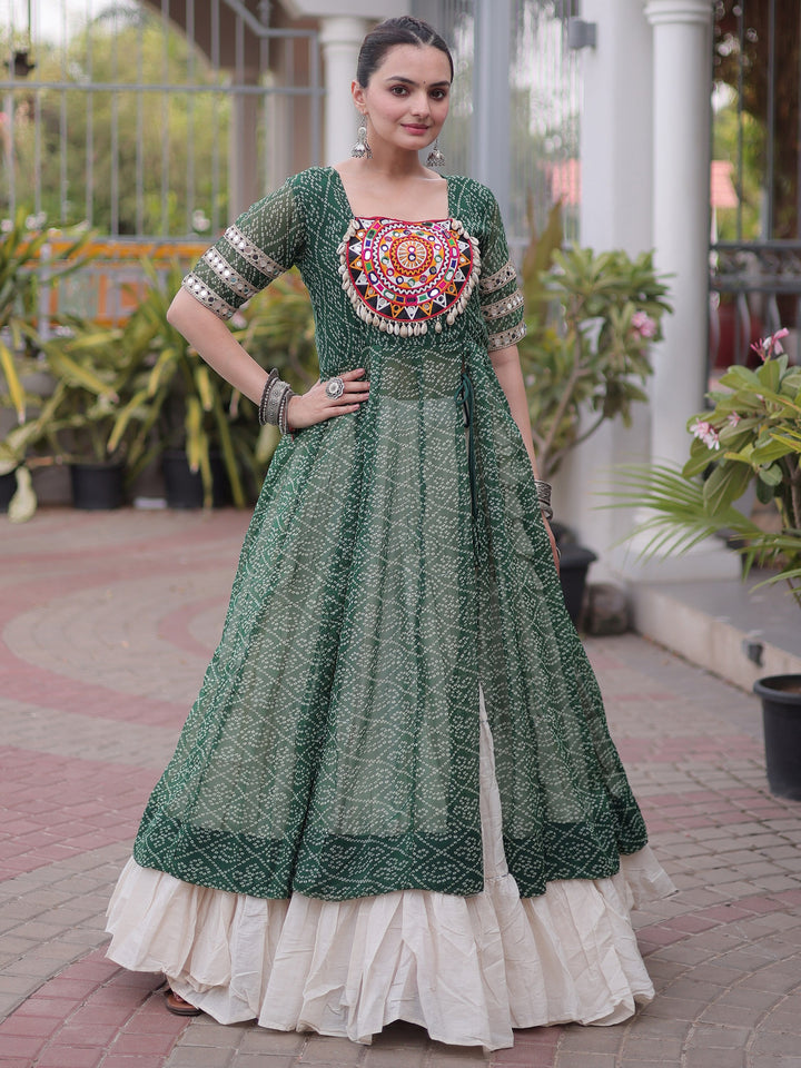 Pretty Green Bandhani Printed Georgette Navratri Wear Lehenga With Kurti