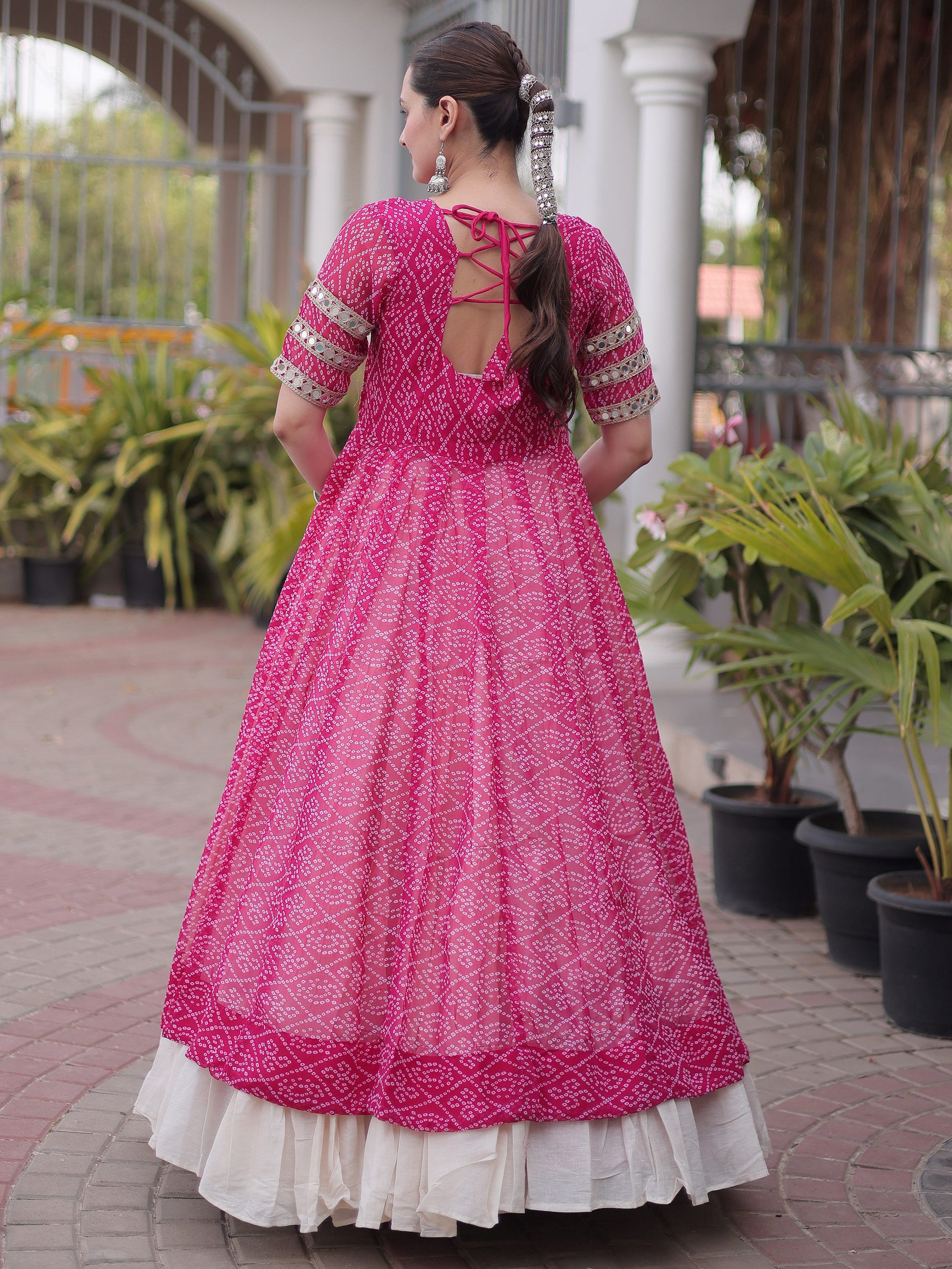 Elegant Rani Pink Bandhani Georgette Navratri Wear Lehenga With Kurti