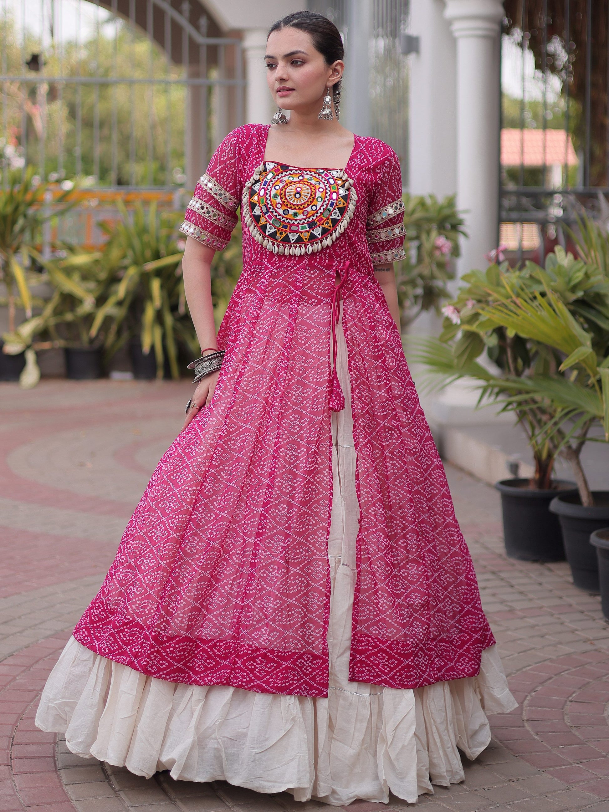 Elegant Rani Pink Bandhani Georgette Navratri Wear Lehenga With Kurti