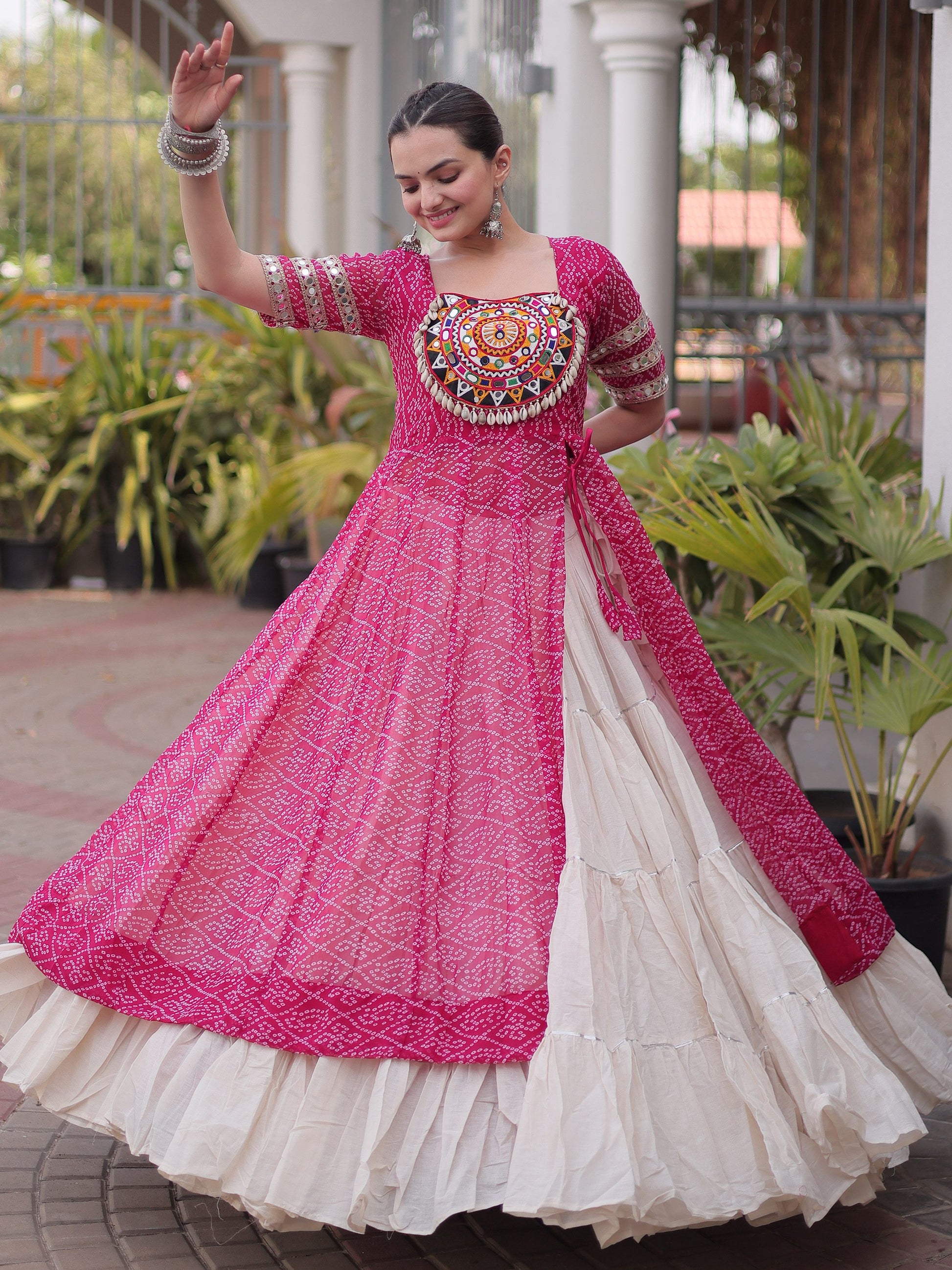Elegant Rani Pink Bandhani Georgette Navratri Wear Lehenga With Kurti