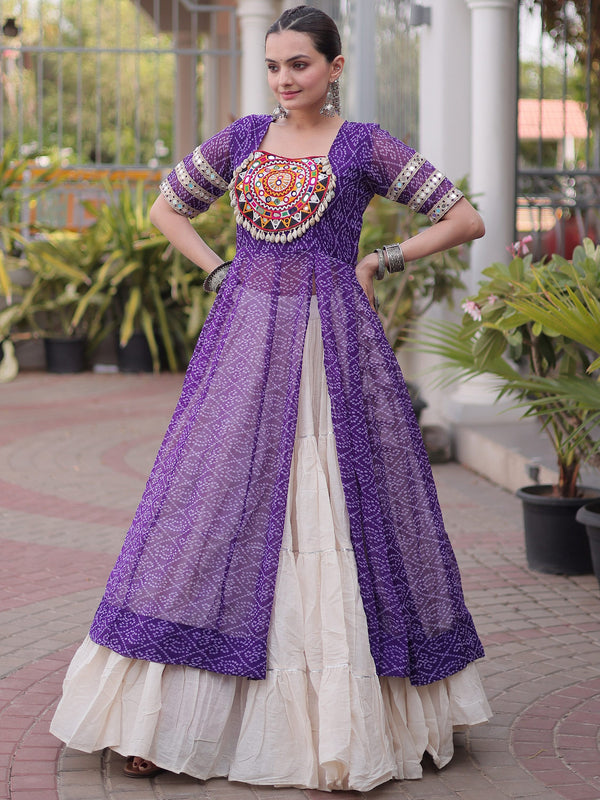 Precious Purple Patchwork Georgette Navratri Wear Lehenga With Kurti