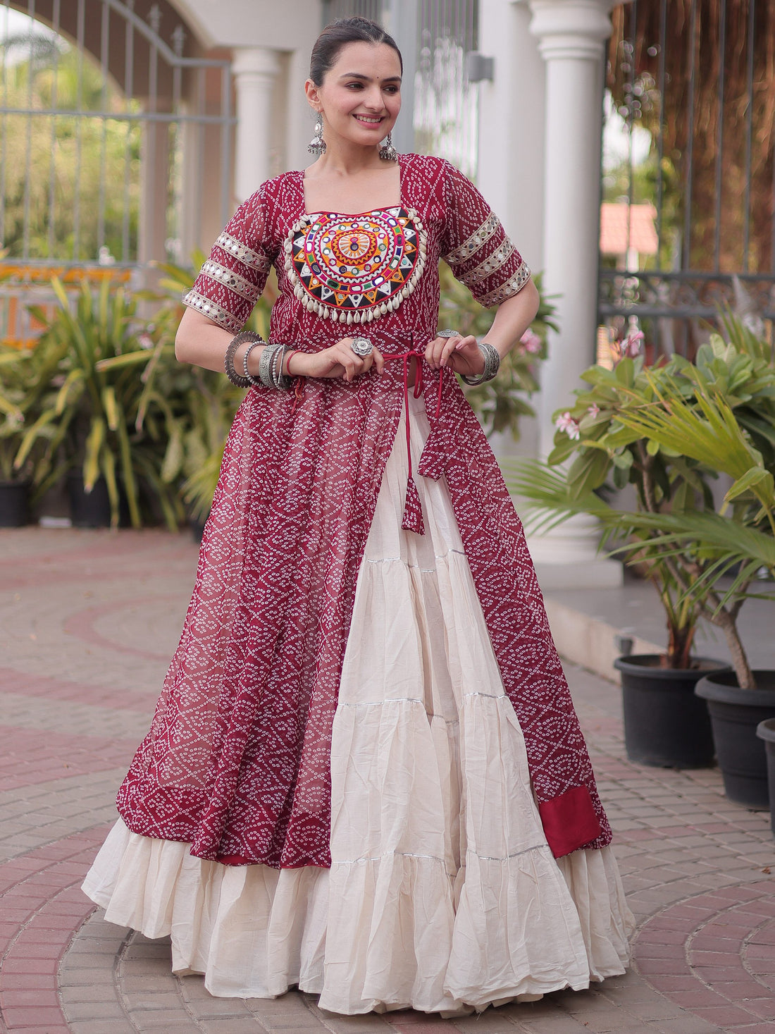 Alluring Maroon Patchwork Georgette Navratri Wear Lehenga With Kurti
