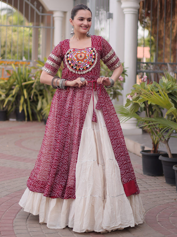 Alluring Maroon Patchwork Georgette Navratri Wear Lehenga With Kurti