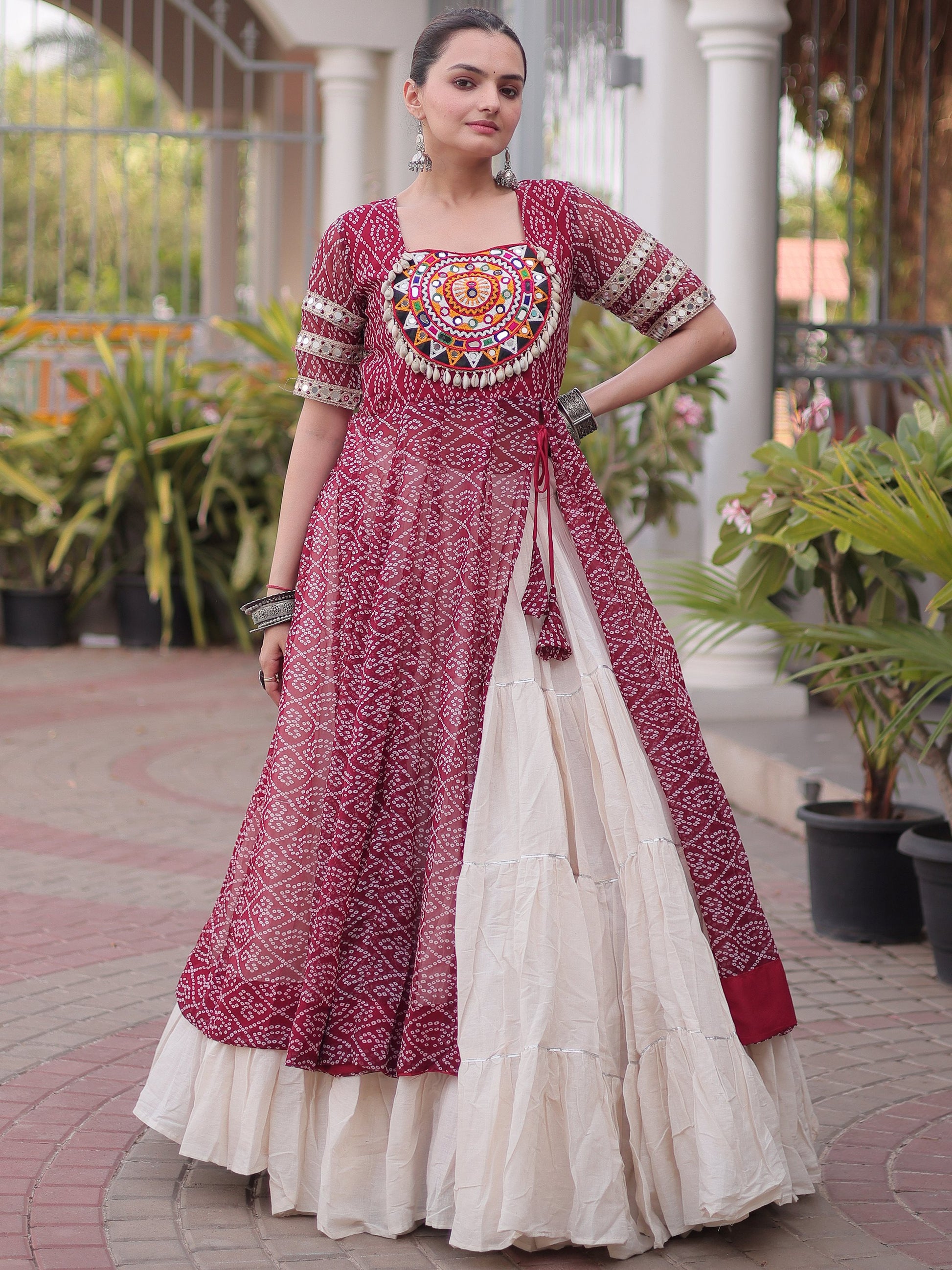 Alluring Maroon Patchwork Georgette Navratri Wear Lehenga With Kurti