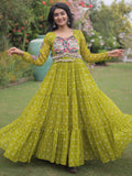 Wonderful Parrot Green Bandhani Printed Georgette Festival Wear Gown