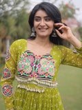 Wonderful Parrot Green Bandhani Printed Georgette Festival Wear Gown