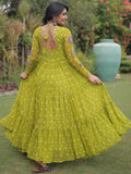 Wonderful Parrot Green Bandhani Printed Georgette Festival Wear Gown