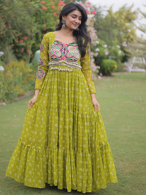 Wonderful Parrot Green Bandhani Printed Georgette Festival Wear Gown