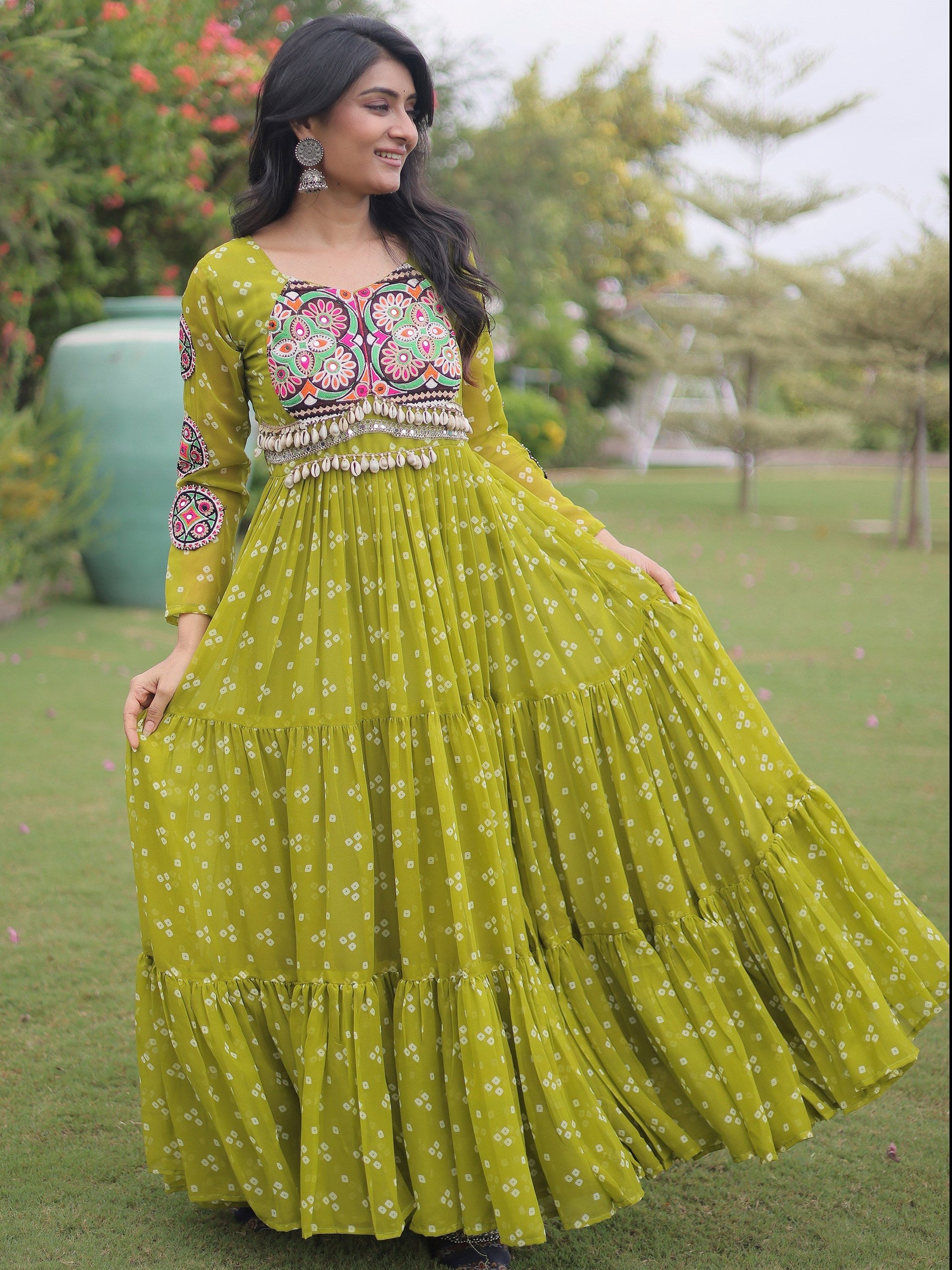 Wonderful Parrot Green Bandhani Printed Georgette Festival Wear Gown