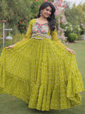 Wonderful Parrot Green Bandhani Printed Georgette Festival Wear Gown
