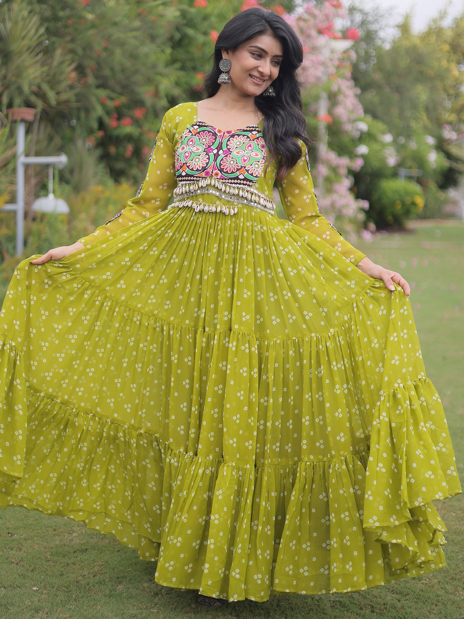 Wonderful Parrot Green Bandhani Printed Georgette Festival Wear Gown