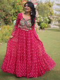 Outstanding Pink Patchwork Georgette Navratri Wear Gown