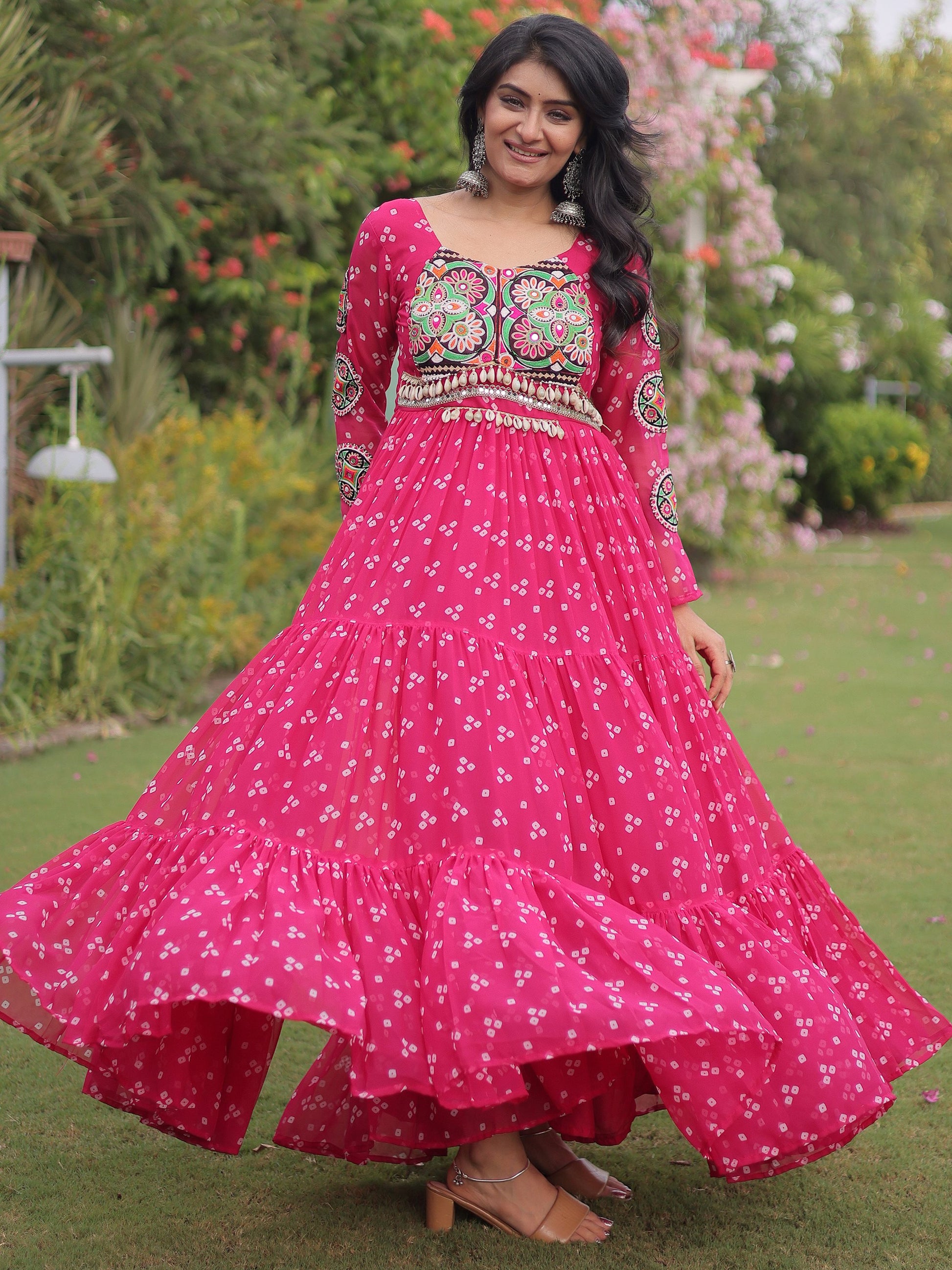 Outstanding Pink Patchwork Georgette Navratri Wear Gown