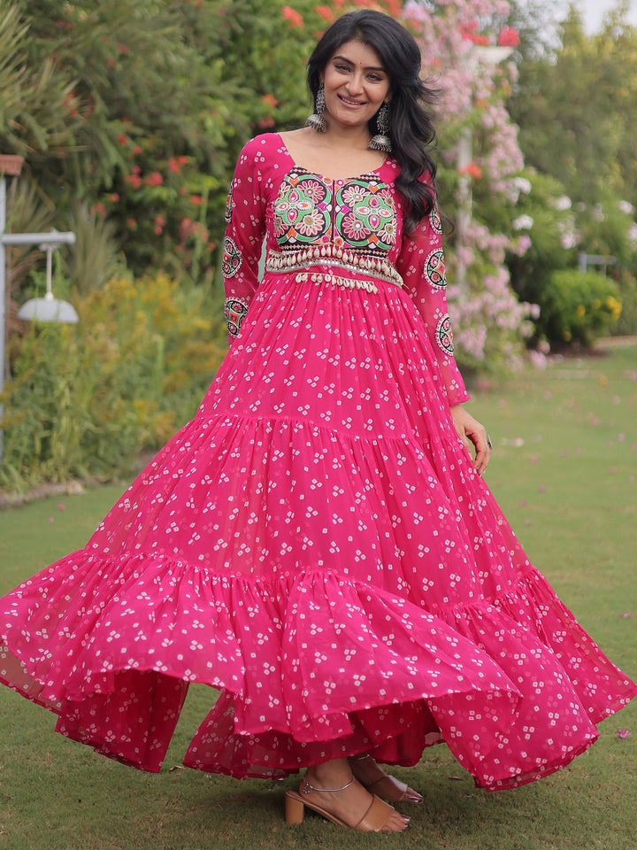 Outstanding Pink Patchwork Georgette Navratri Wear Gown
