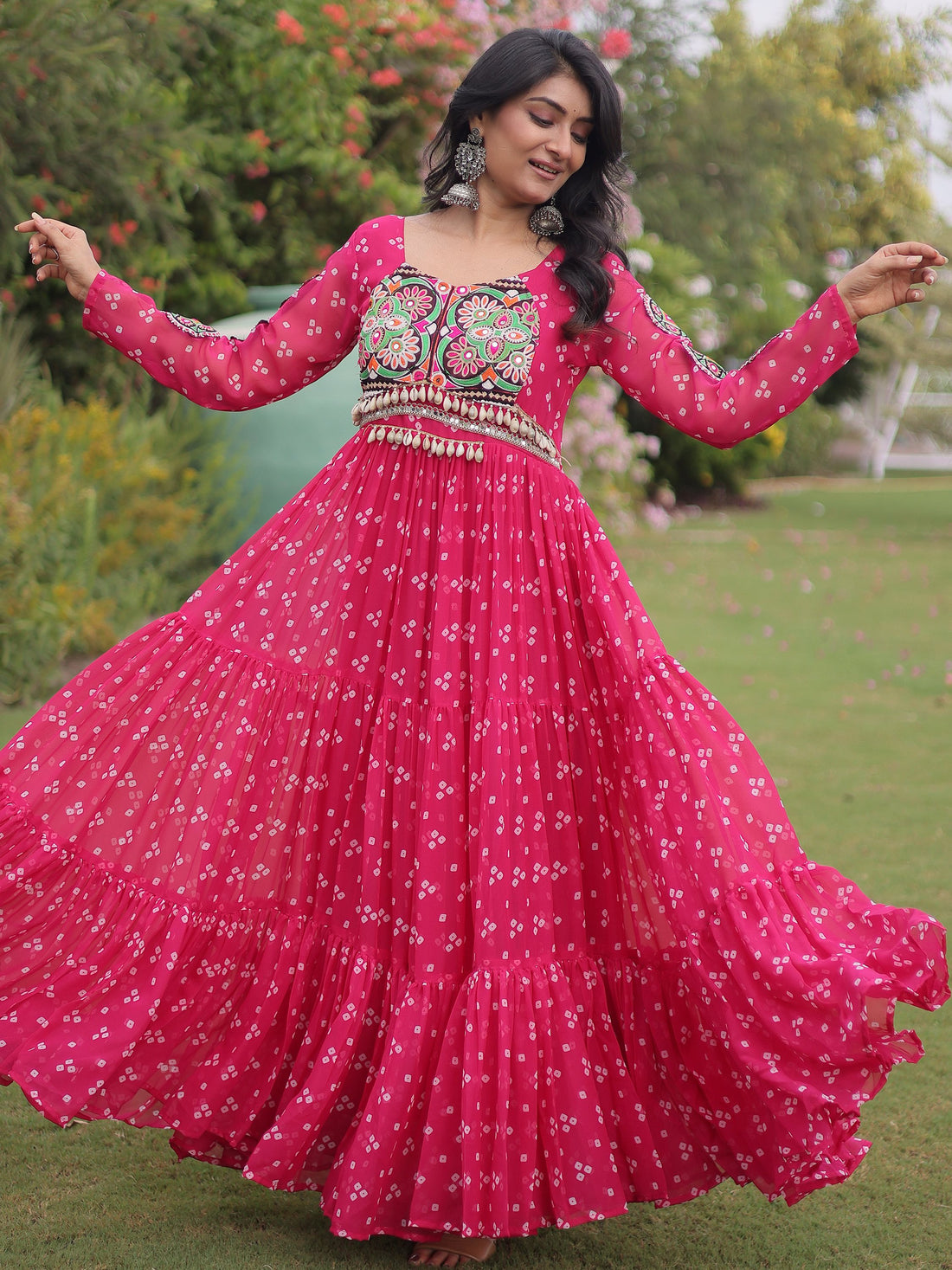 Outstanding Pink Patchwork Georgette Navratri Wear Gown