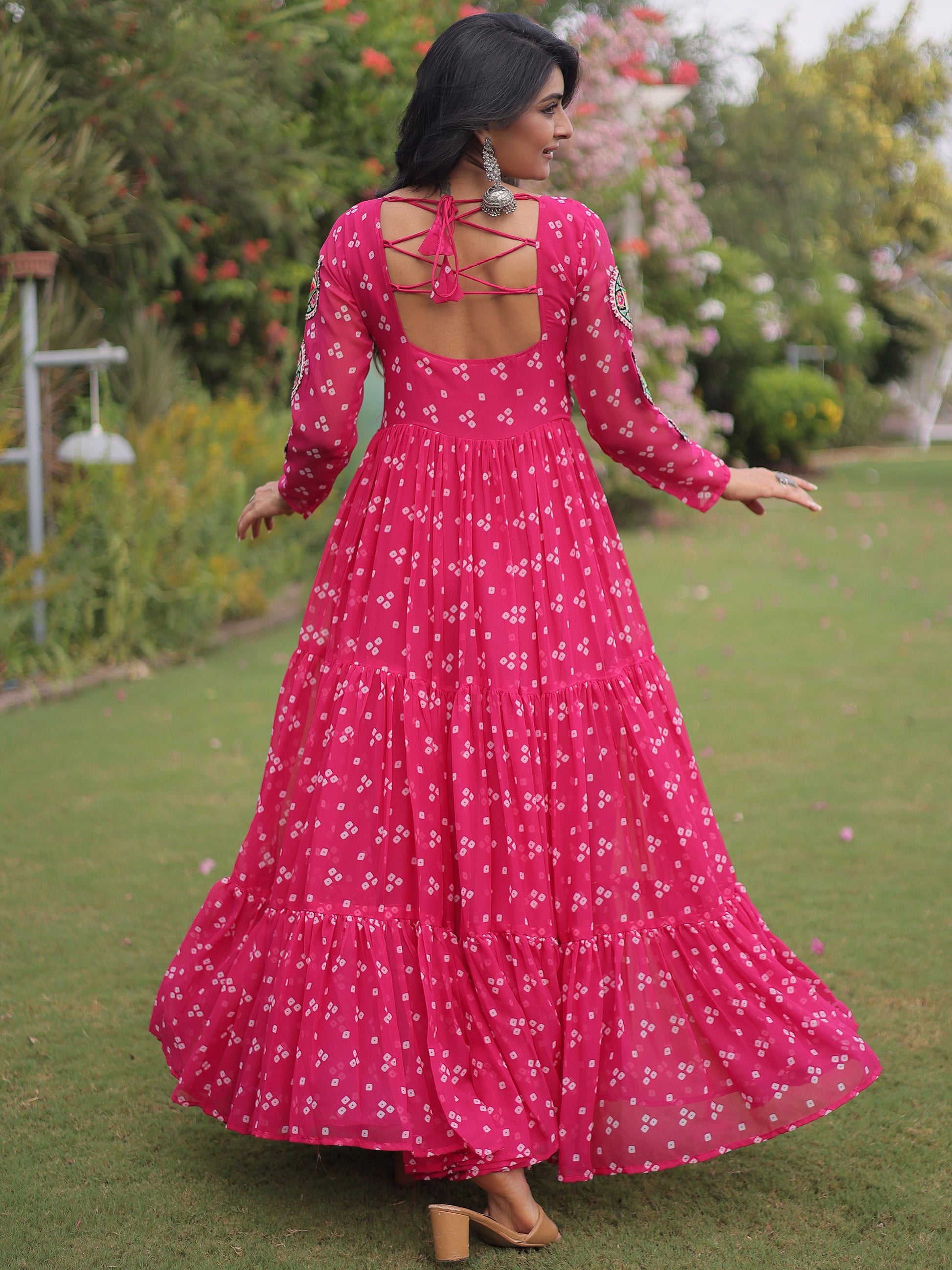 Outstanding Pink Patchwork Georgette Navratri Wear Gown