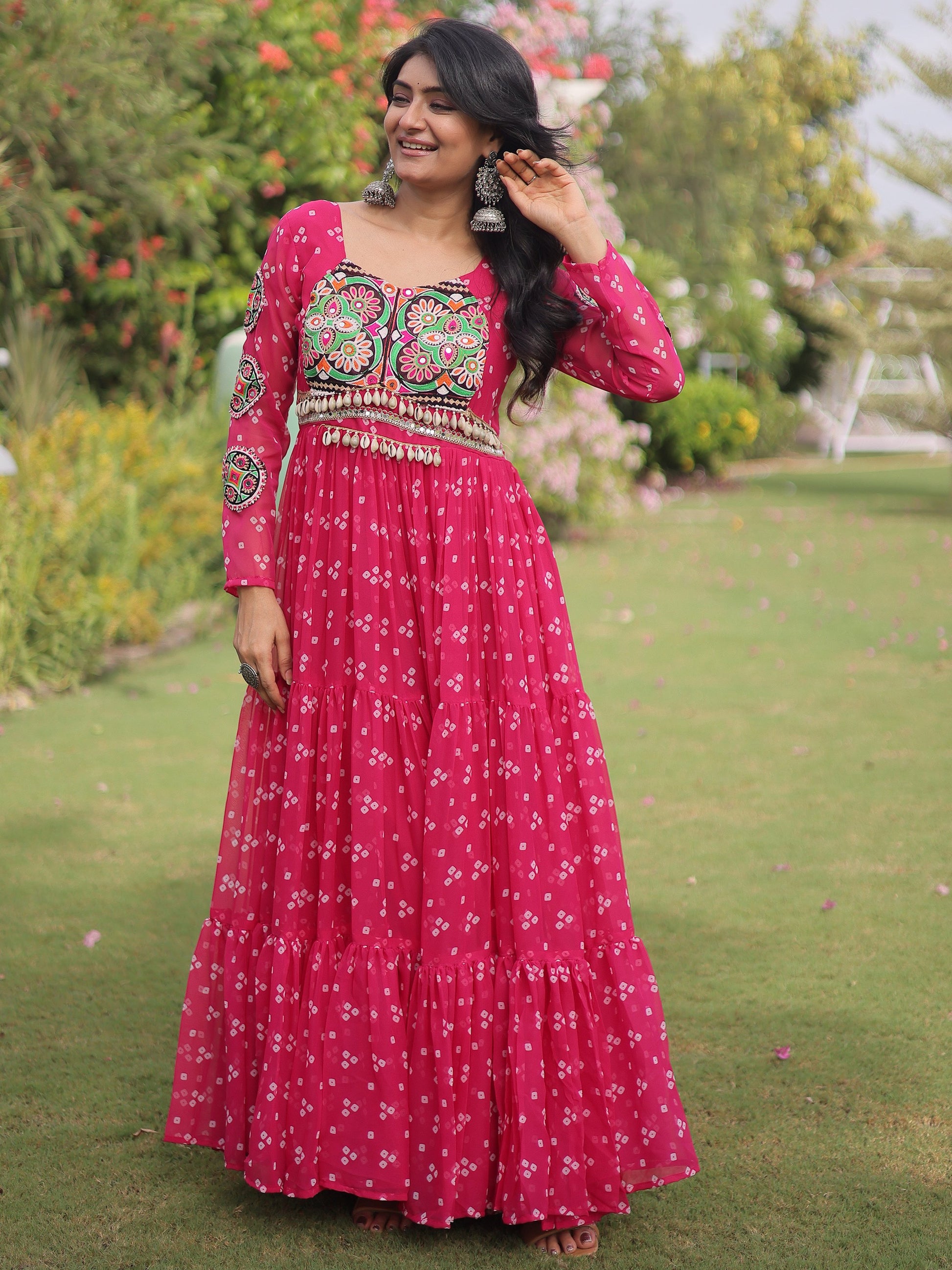 Outstanding Pink Patchwork Georgette Navratri Wear Gown