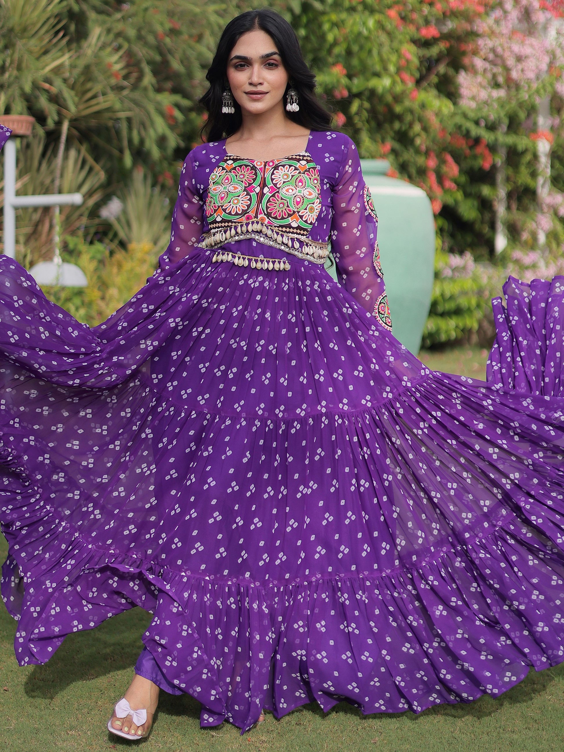 Gorgeous Purple Bandhani Printed Georgette Navratri Wear Gown