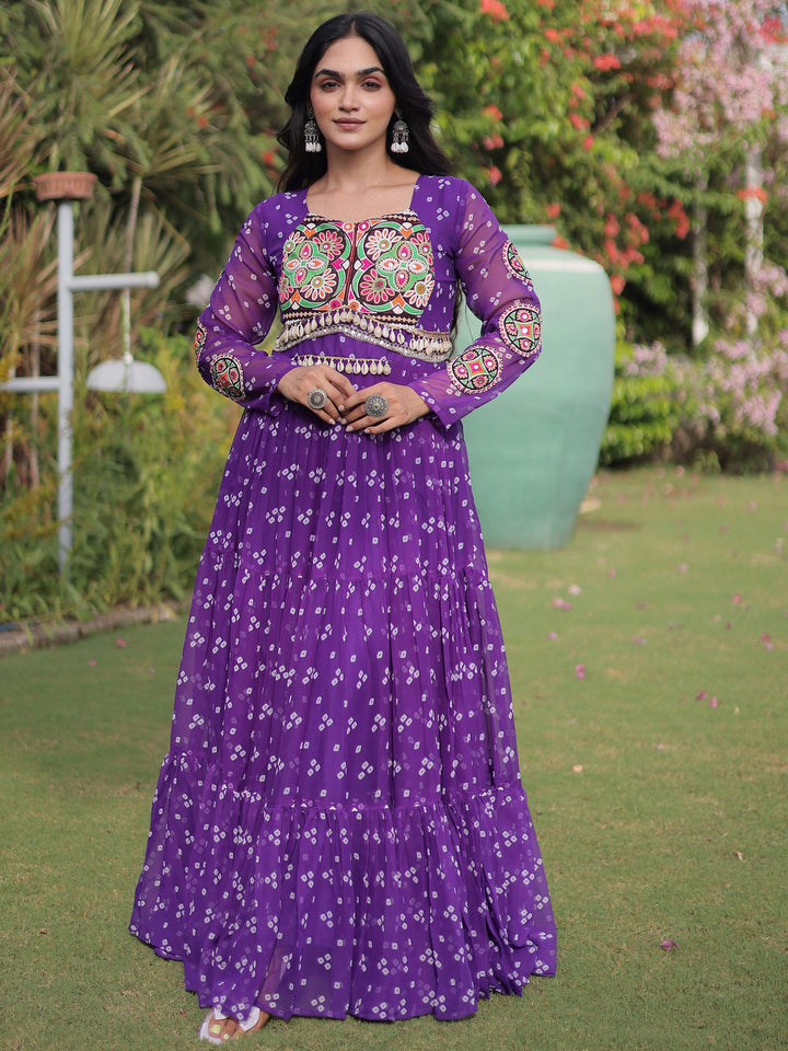 Gorgeous Purple Bandhani Printed Georgette Navratri Wear Gown