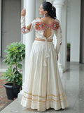 Stylistic Off-White Cotton Navratri Wear Lehenga With Gamthi Work Blouse