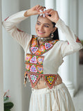 Stylistic Off-White Cotton Navratri Wear Lehenga With Gamthi Work Blouse