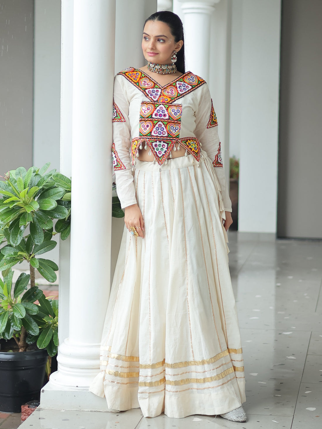 Stylistic Off-White Cotton Navratri Wear Lehenga With Gamthi Work Blouse