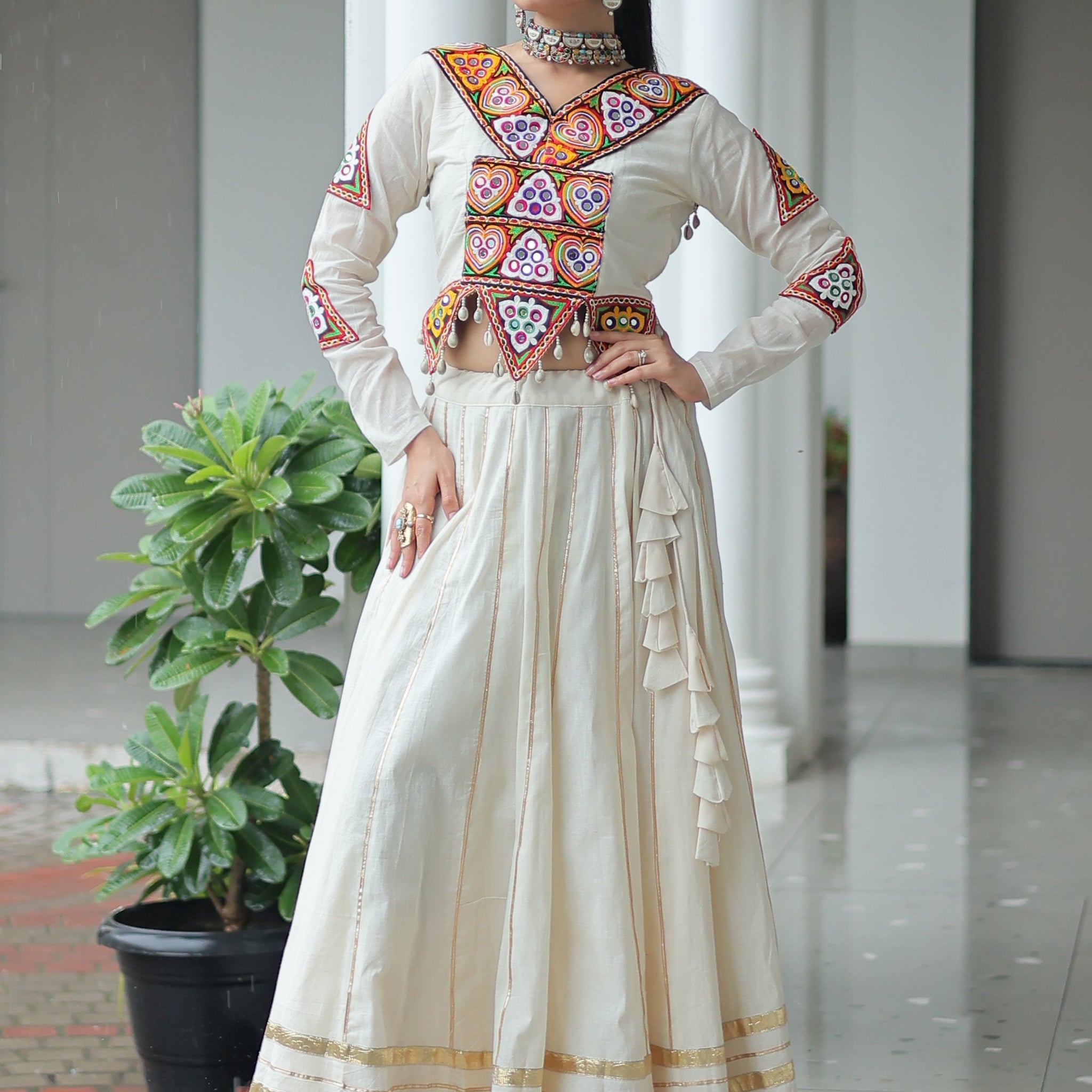 Stylistic Off-White Cotton Navratri Wear Lehenga With Gamthi Work Blouse