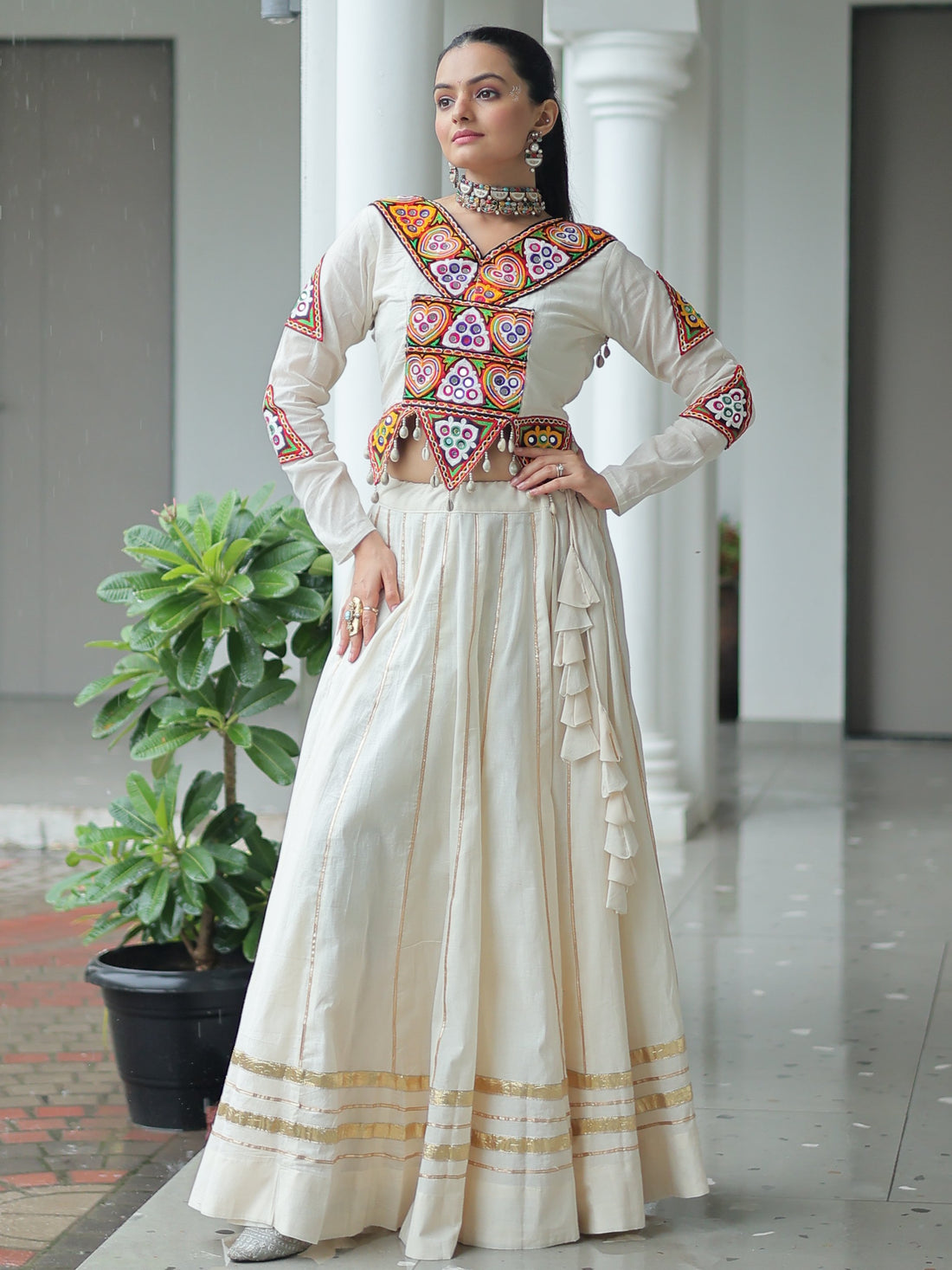 Stylistic Off-White Cotton Navratri Wear Lehenga With Gamthi Work Blouse