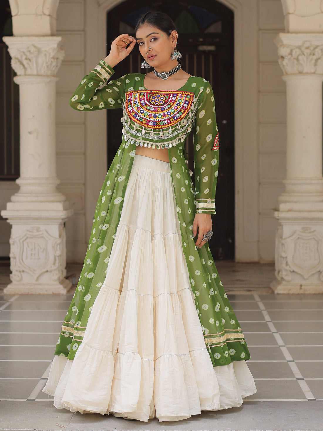 Fabulous Green Gota Patti Cotton Traditional Lehenga With Front Slit Kurti