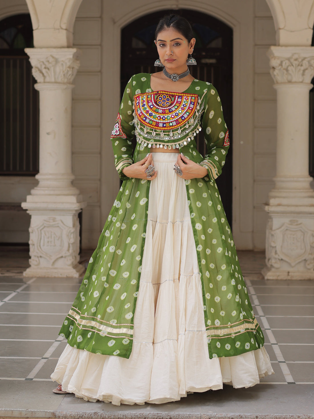 Fabulous Green Gota Patti Cotton Traditional Lehenga With Front Slit Kurti