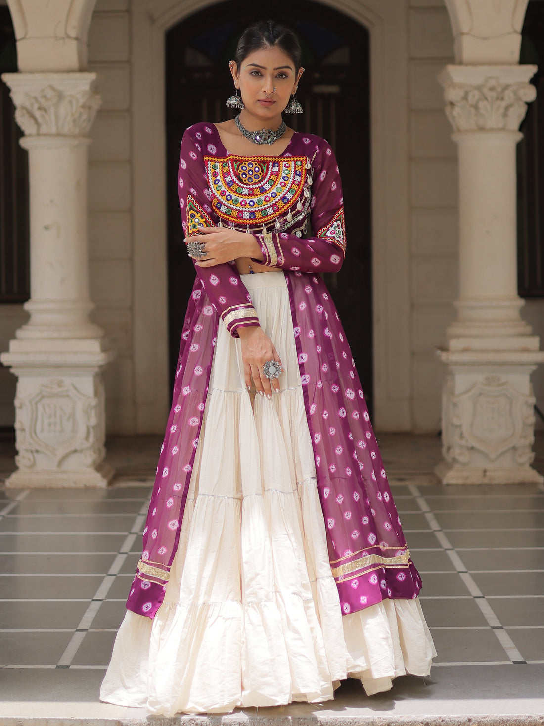 Bewitching Wine Cotton Navratri Wear Lehenga With Kutchi Patch Work Kurti