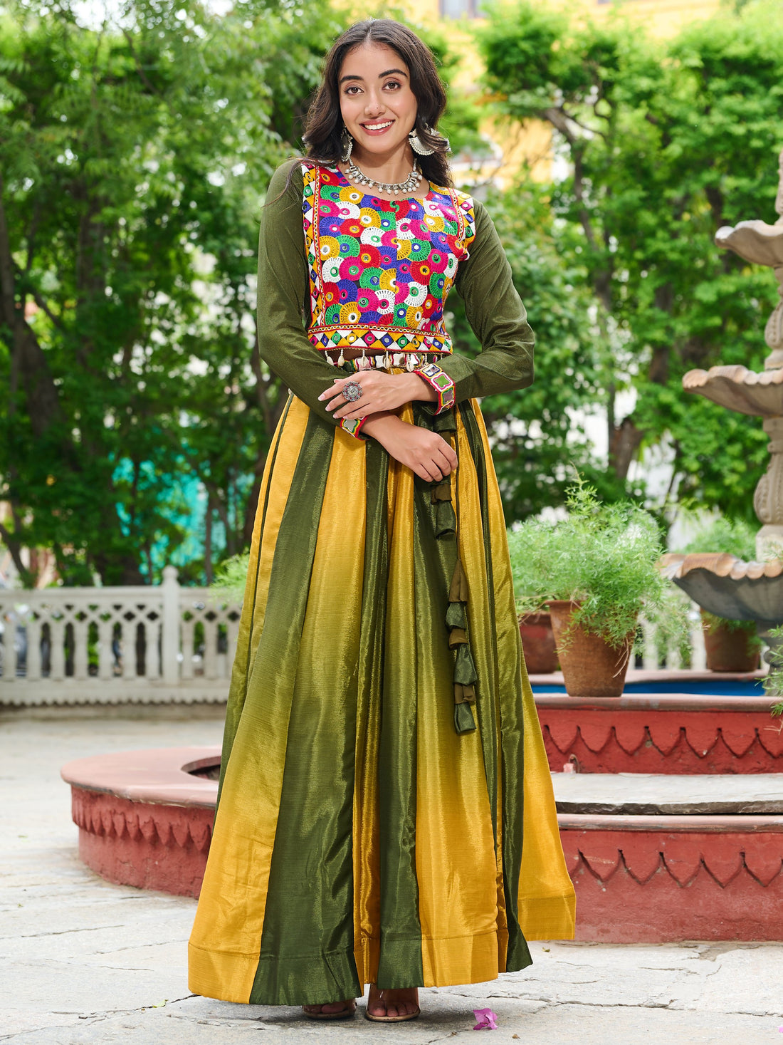 Spectacular Olive Green Shaded Chinon Traditional Lehenga Choli