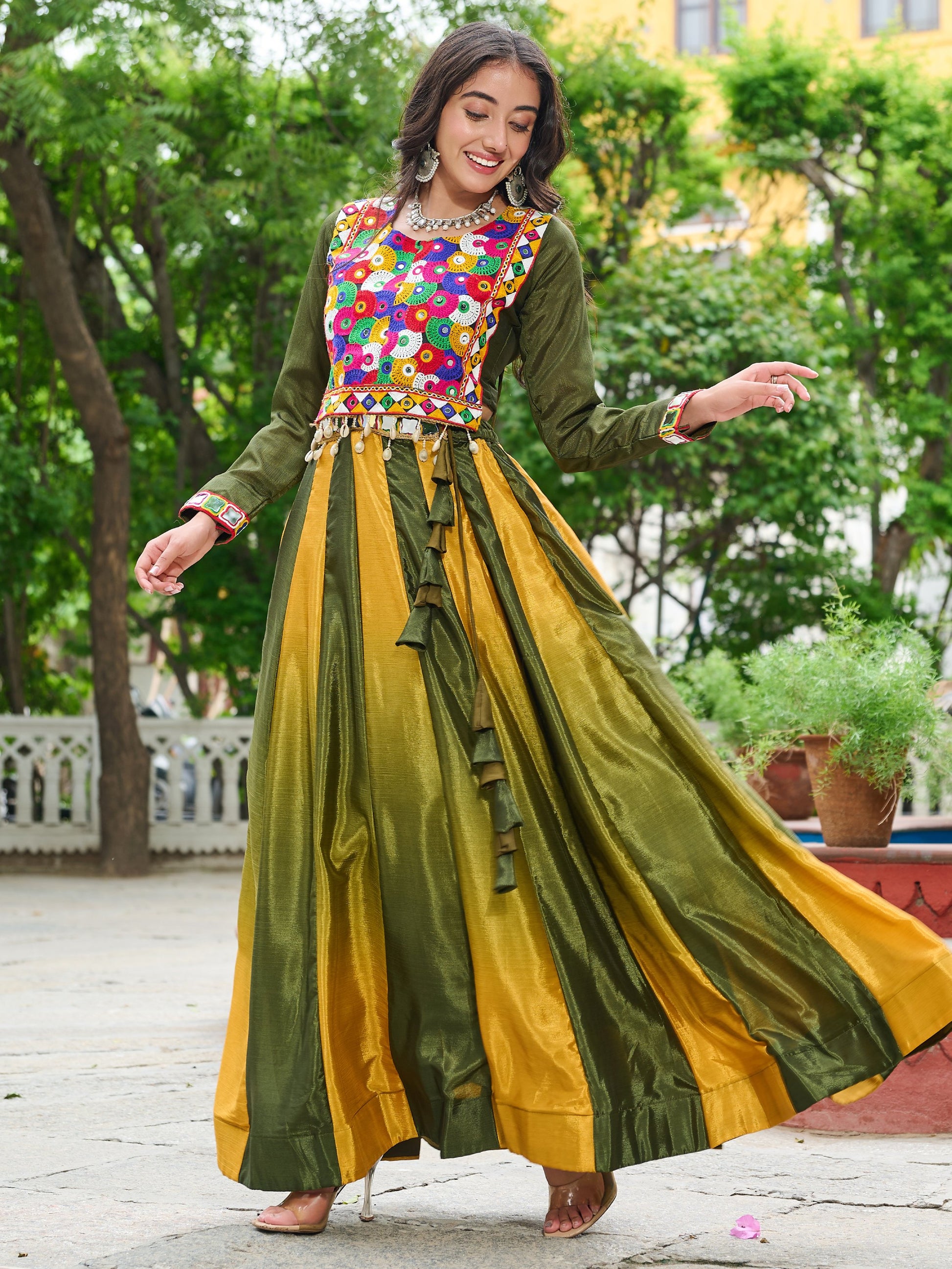 Spectacular Olive Green Shaded Chinon Traditional Lehenga Choli