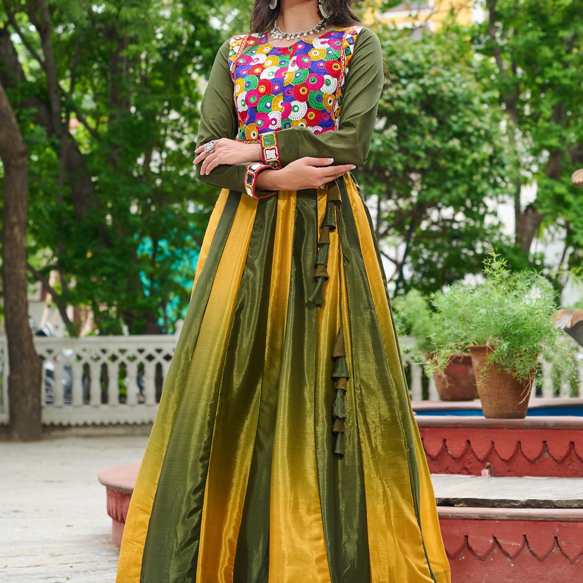 Spectacular Olive Green Shaded Chinon Traditional Lehenga Choli