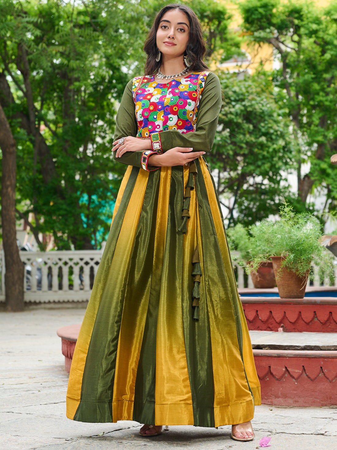 Spectacular Olive Green Shaded Chinon Traditional Lehenga Choli