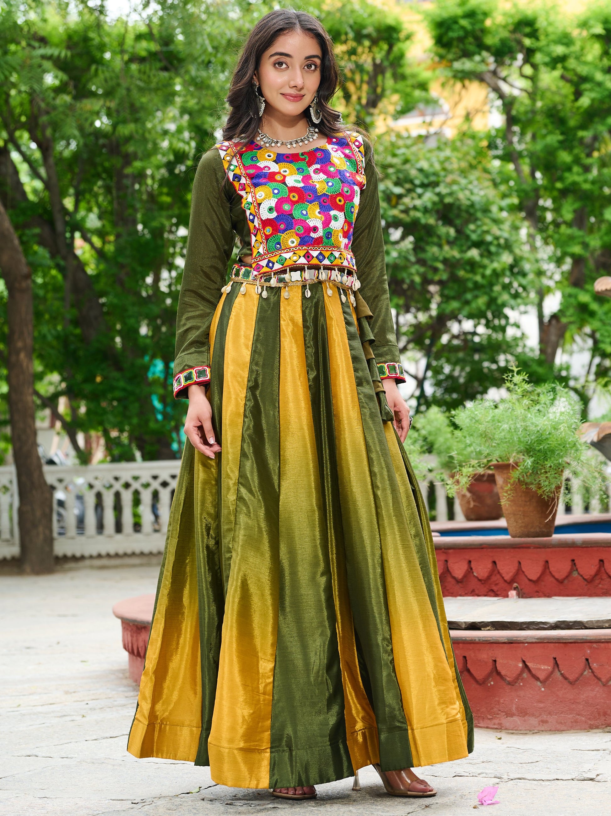Spectacular Olive Green Shaded Chinon Traditional Lehenga Choli