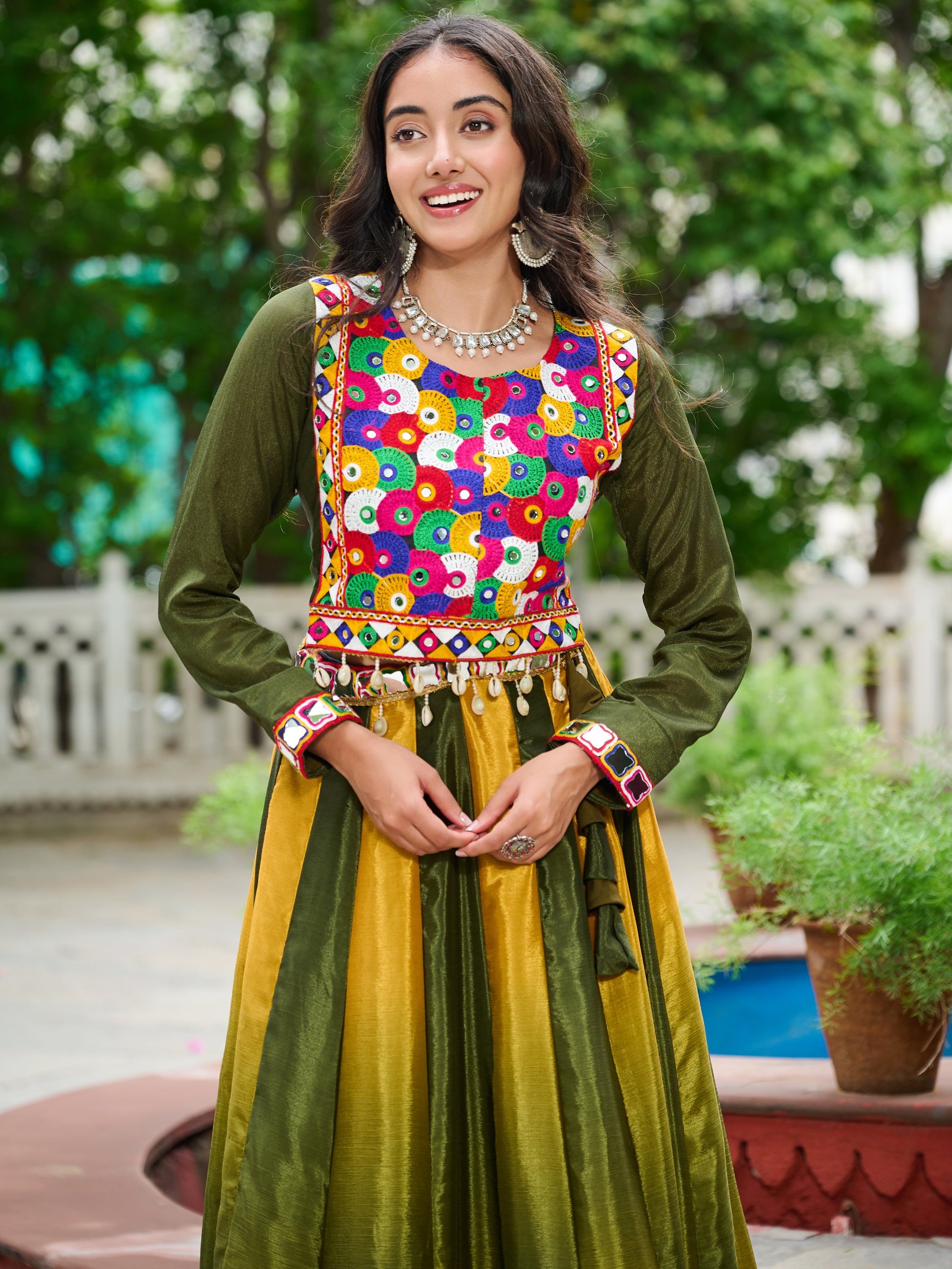 Spectacular Olive Green Shaded Chinon Traditional Lehenga Choli