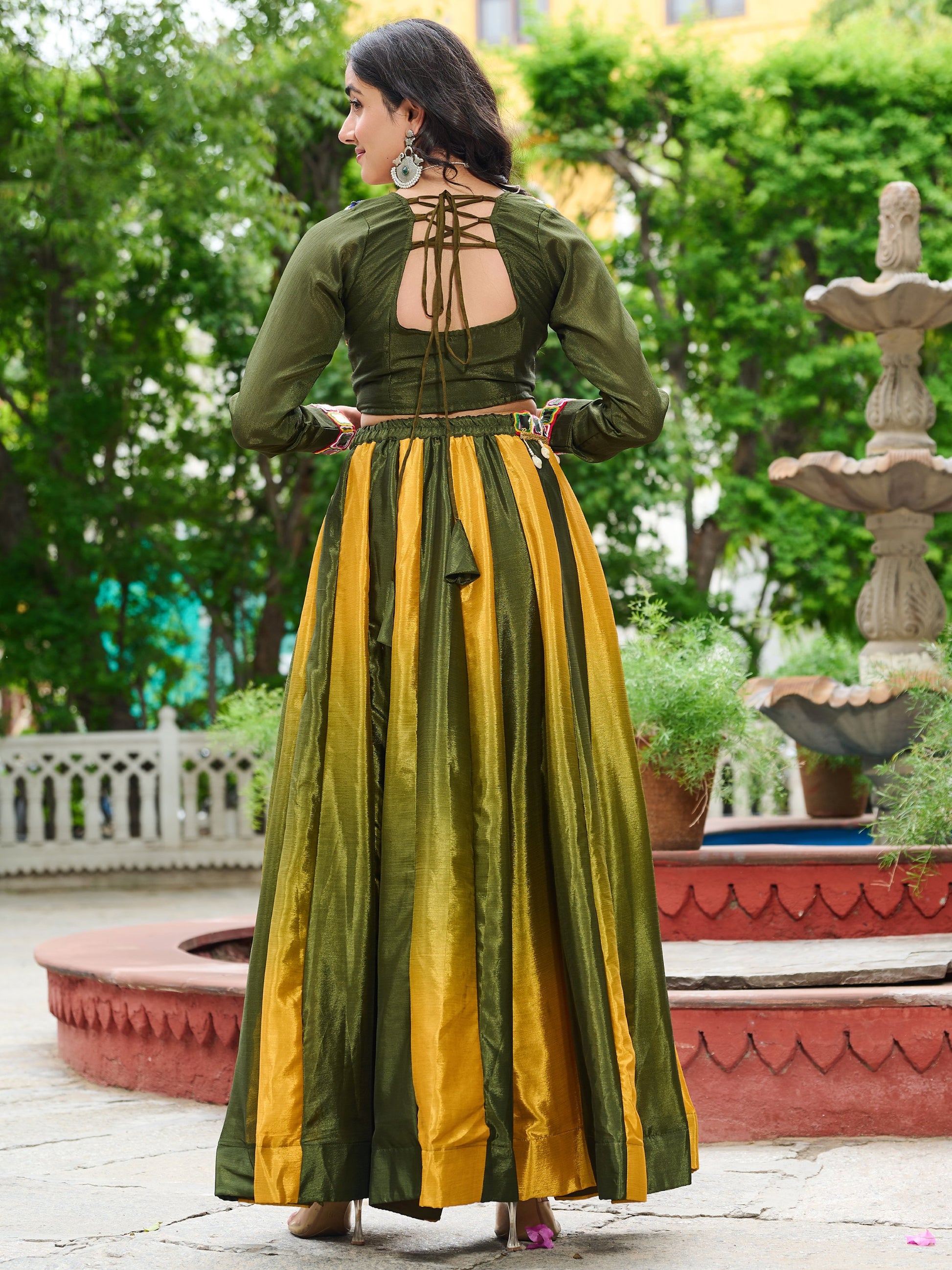 Spectacular Olive Green Shaded Chinon Traditional Lehenga Choli
