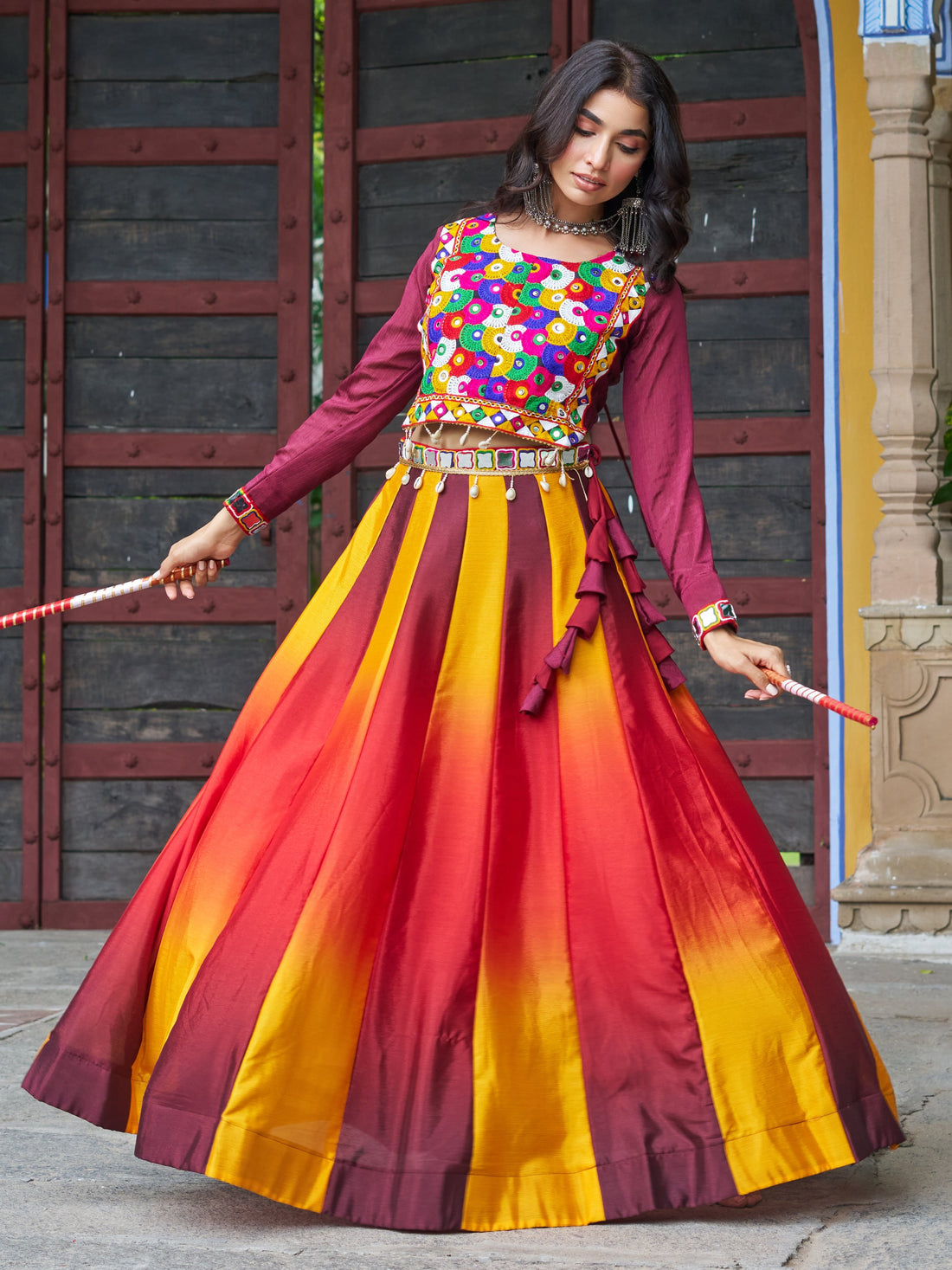 Memorable Maroon Chinon Navratri Wear Lehenga With Kutchi Work Blouse