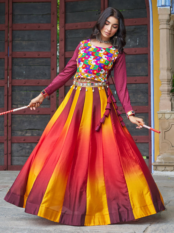 Memorable Maroon Chinon Navratri Wear Lehenga With Kutchi Work Blouse