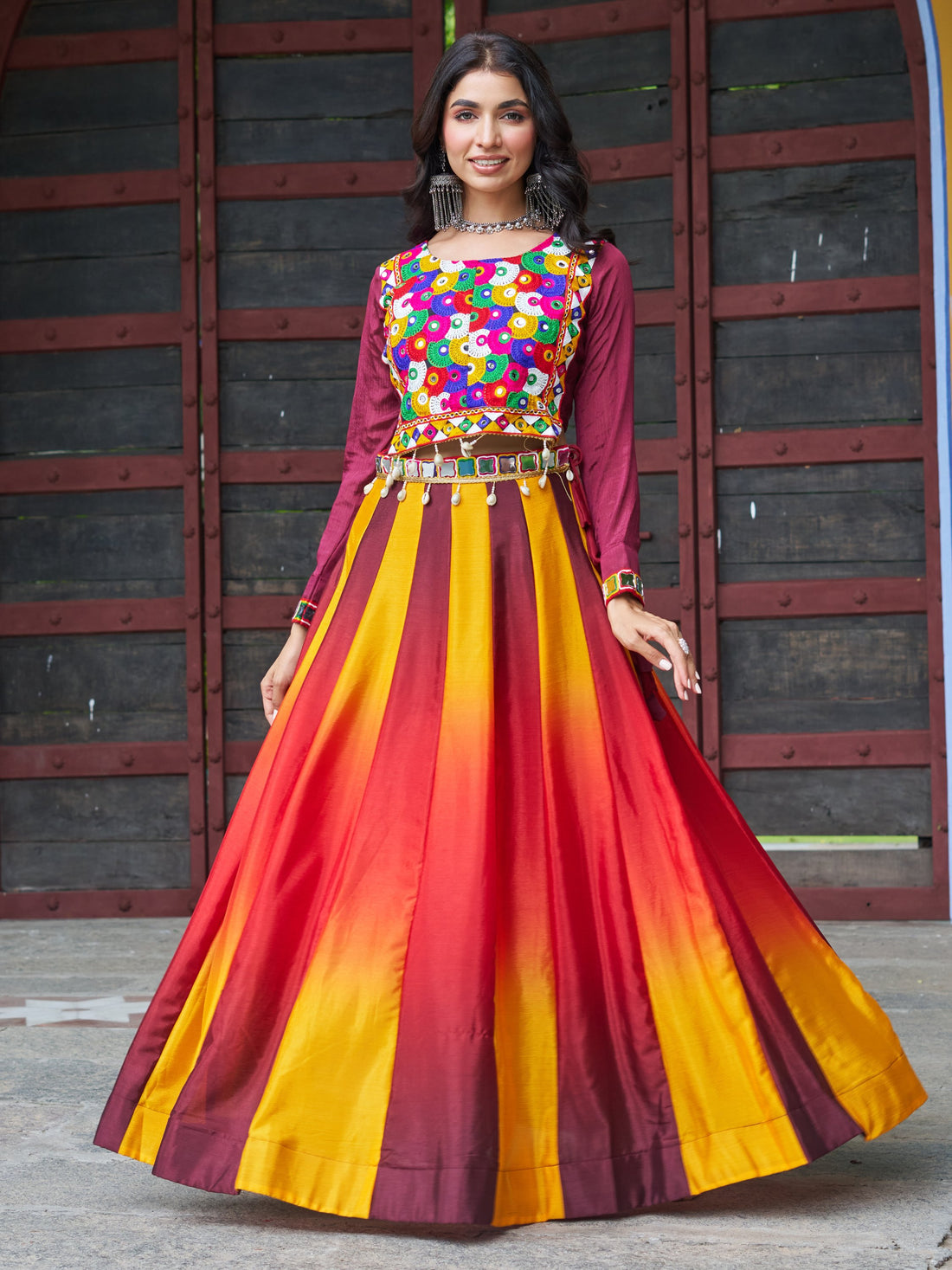 Memorable Maroon Chinon Navratri Wear Lehenga With Kutchi Work Blouse