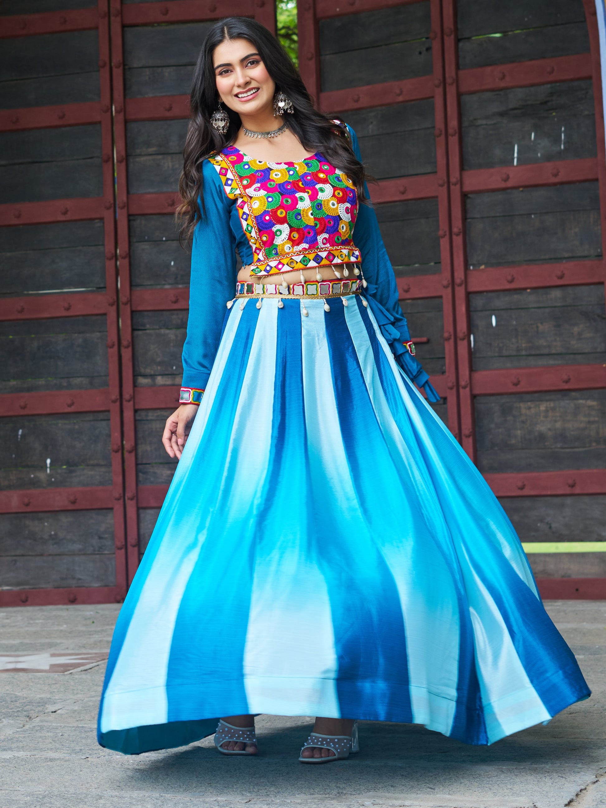 Amazeballs Sky-Blue Chinon Lehenga With Kutchi Embroidery Blouse