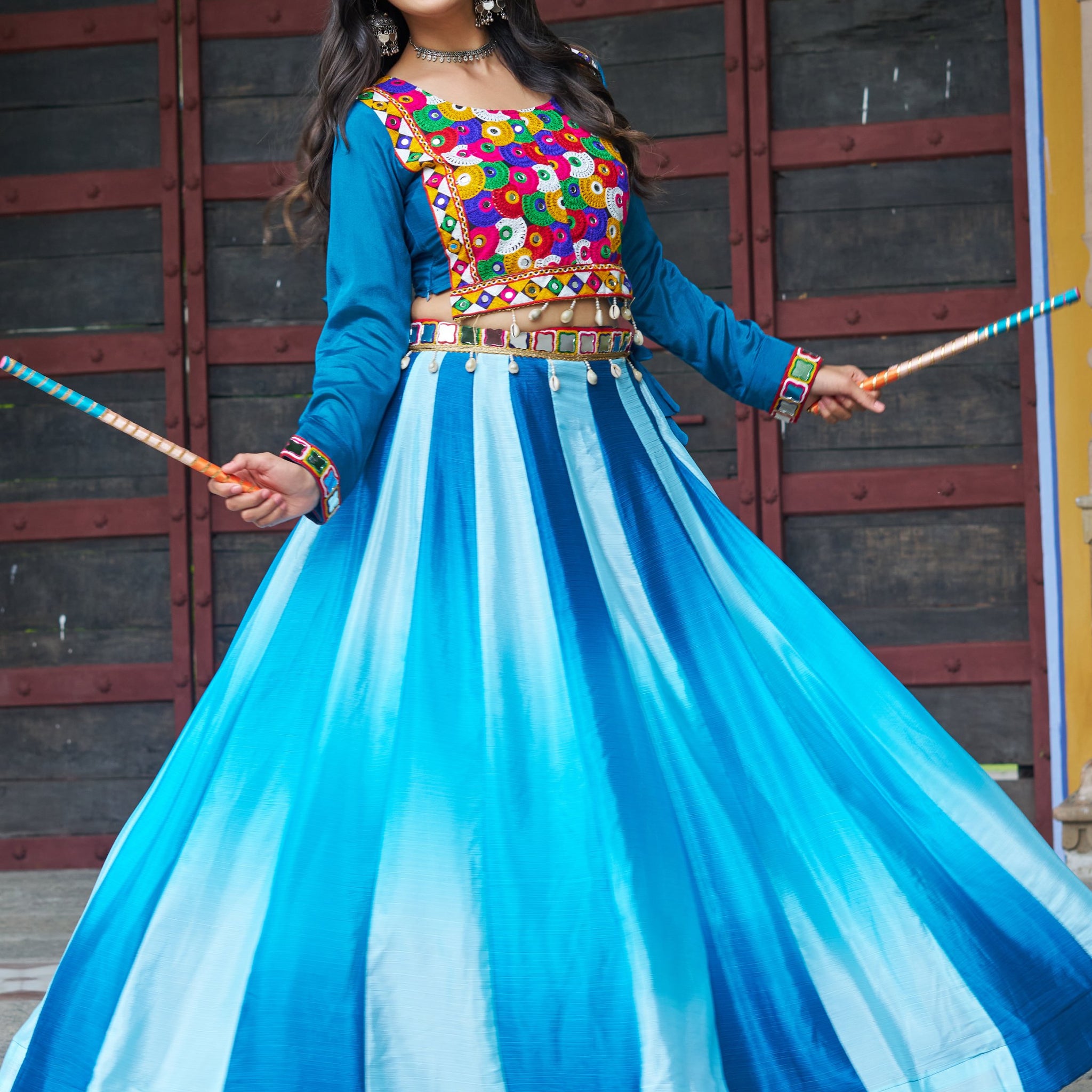Amazeballs Sky-Blue Chinon Lehenga With Kutchi Embroidery Blouse
