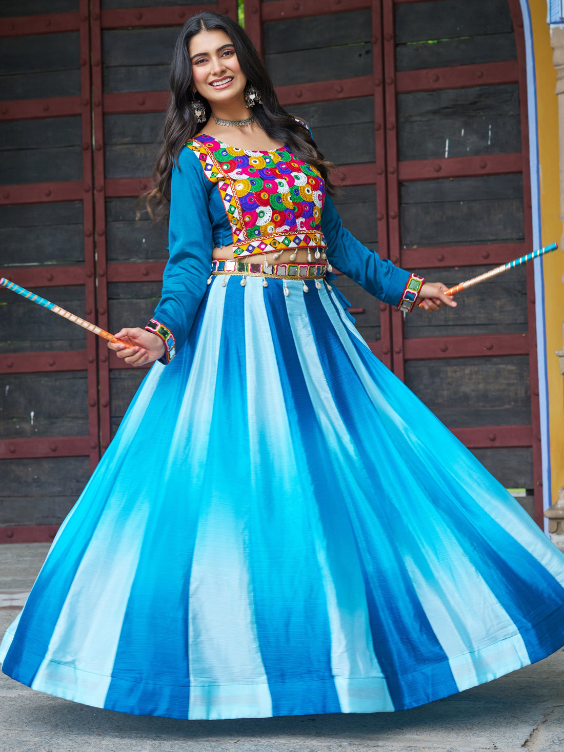 Amazeballs Sky-Blue Chinon Lehenga With Kutchi Embroidery Blouse