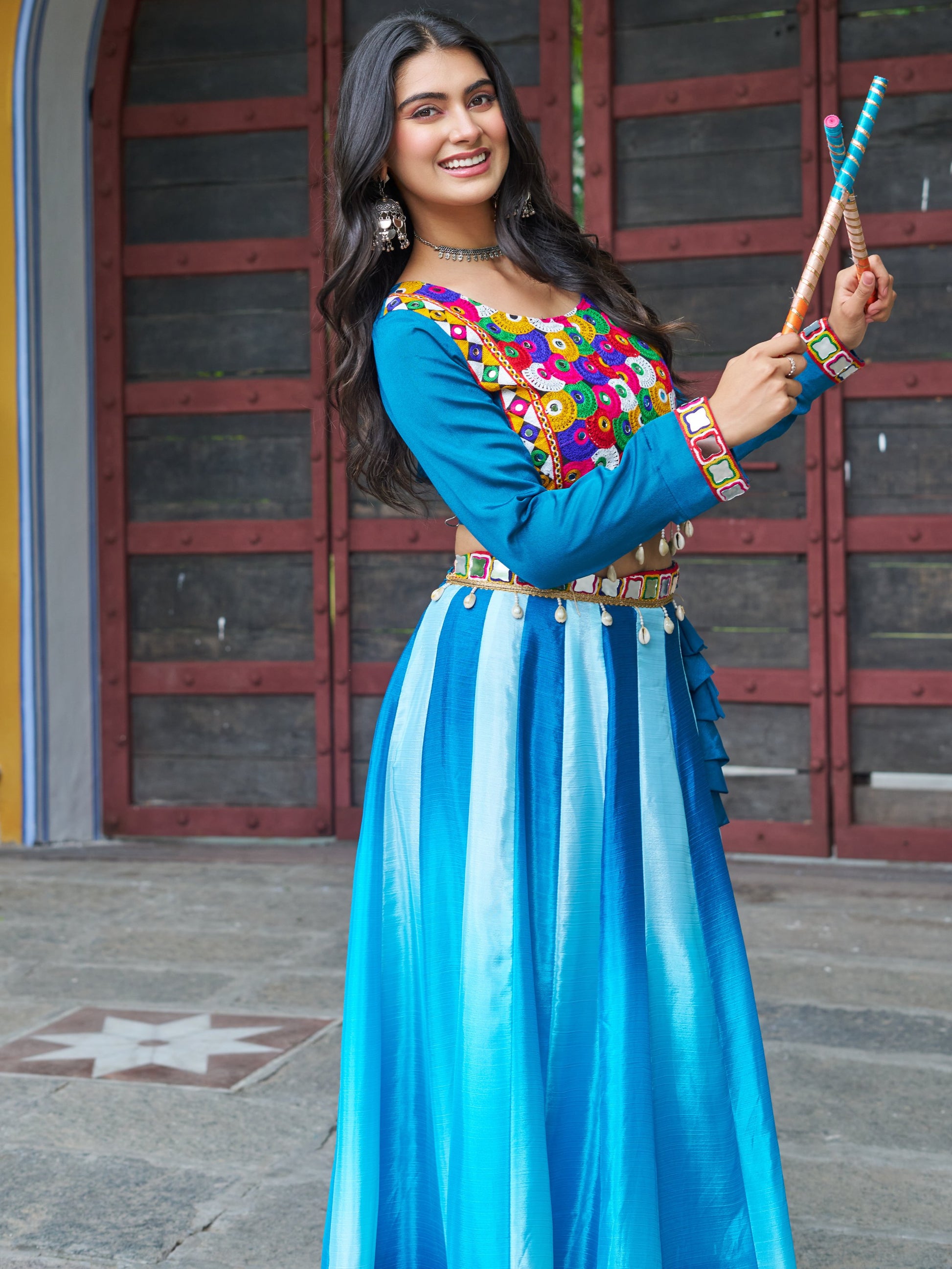 Amazeballs Sky-Blue Chinon Lehenga With Kutchi Embroidery Blouse