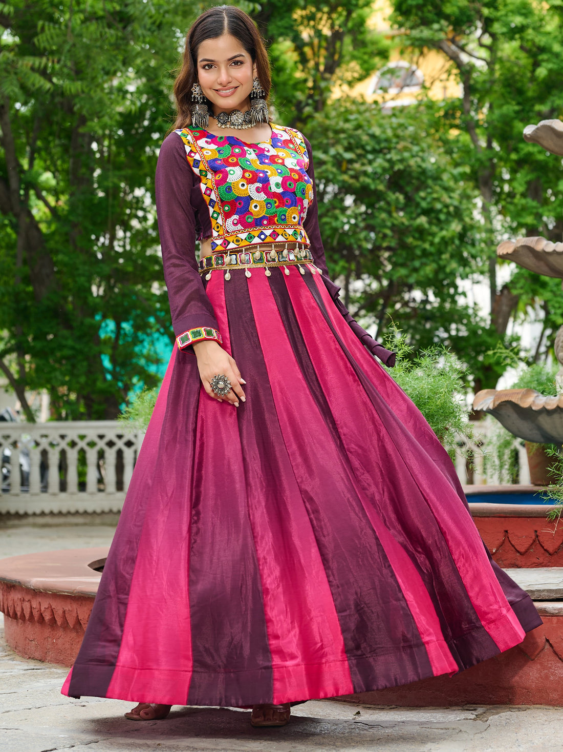 Delightful Wine Chinon Shaded Navratri Special Lehenga Choli