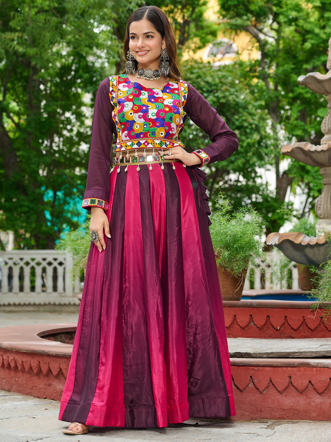 Delightful Wine Chinon Shaded Navratri Special Lehenga Choli